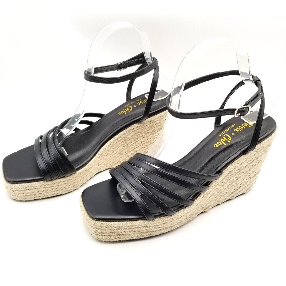 Chase‎ Chloe Women Strappy Wedge Sandals Size 9 Ankle Strap Black Faux Leather
